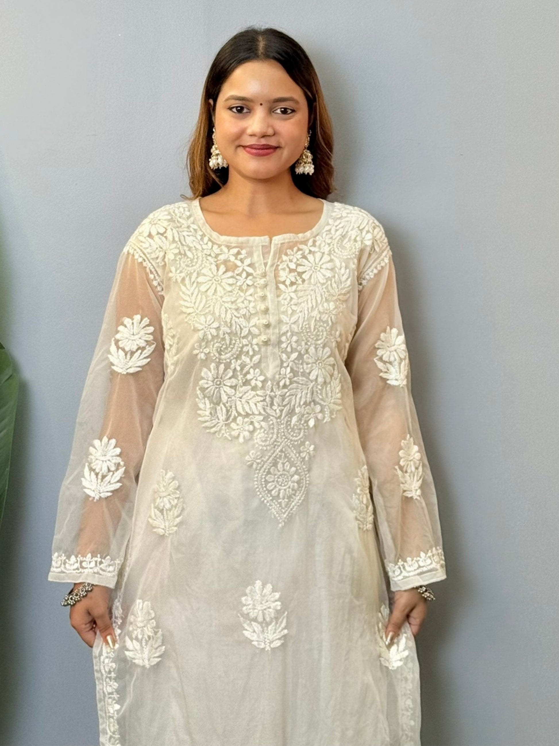 White organza chikankari kurta with premium hand embroidery, dyable