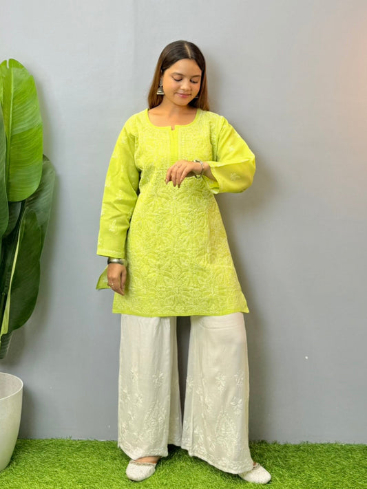 lime green kurta, voile cotton chikankari, Lucknowi embroidery, casual short kurta, premium quality ethnic wear, breathable kurta, summer kurta