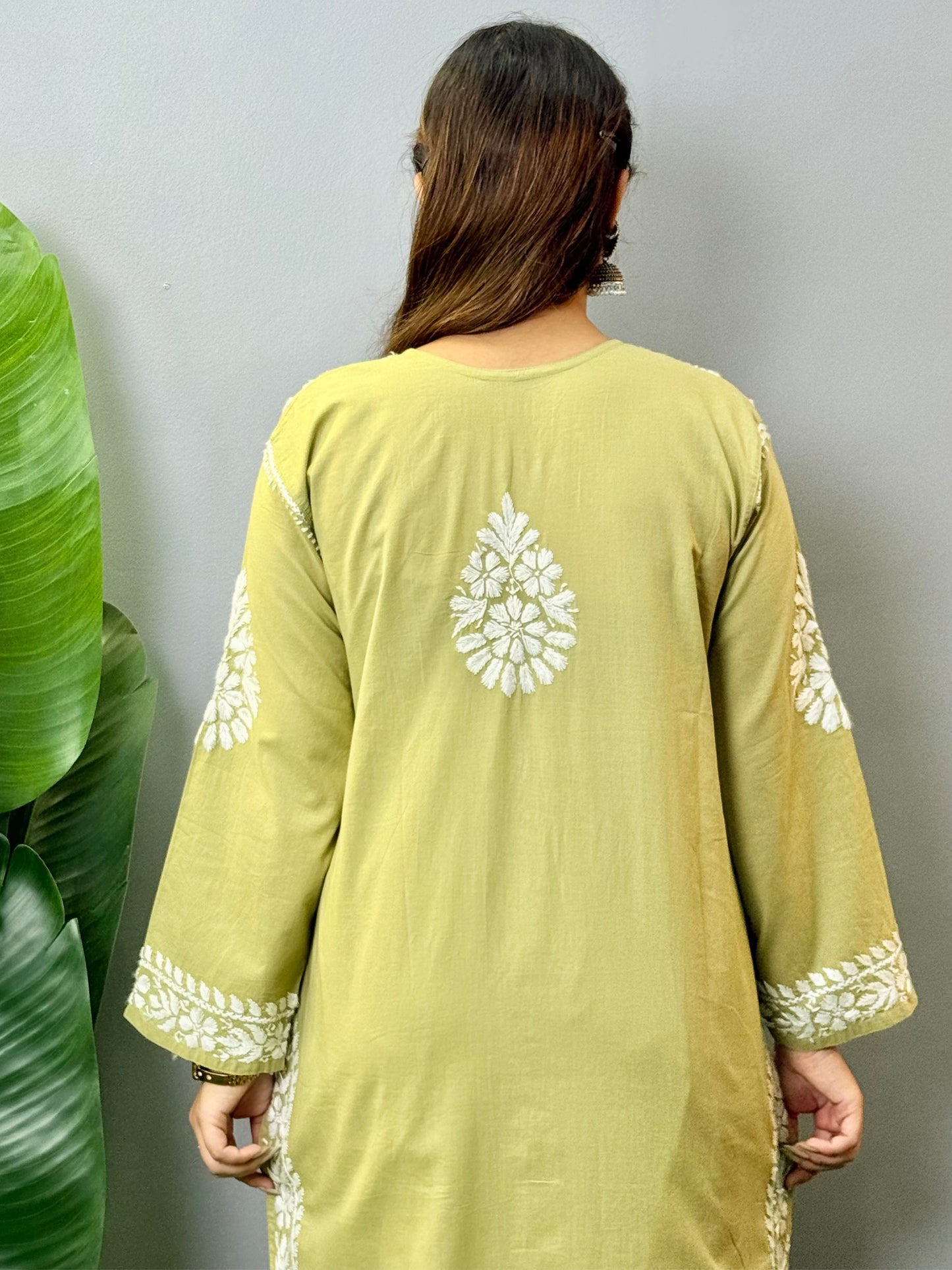 Olive green cotton Lucknow Chikankari kurta with palazzo set featuring hand embroidery – R S Chikankari