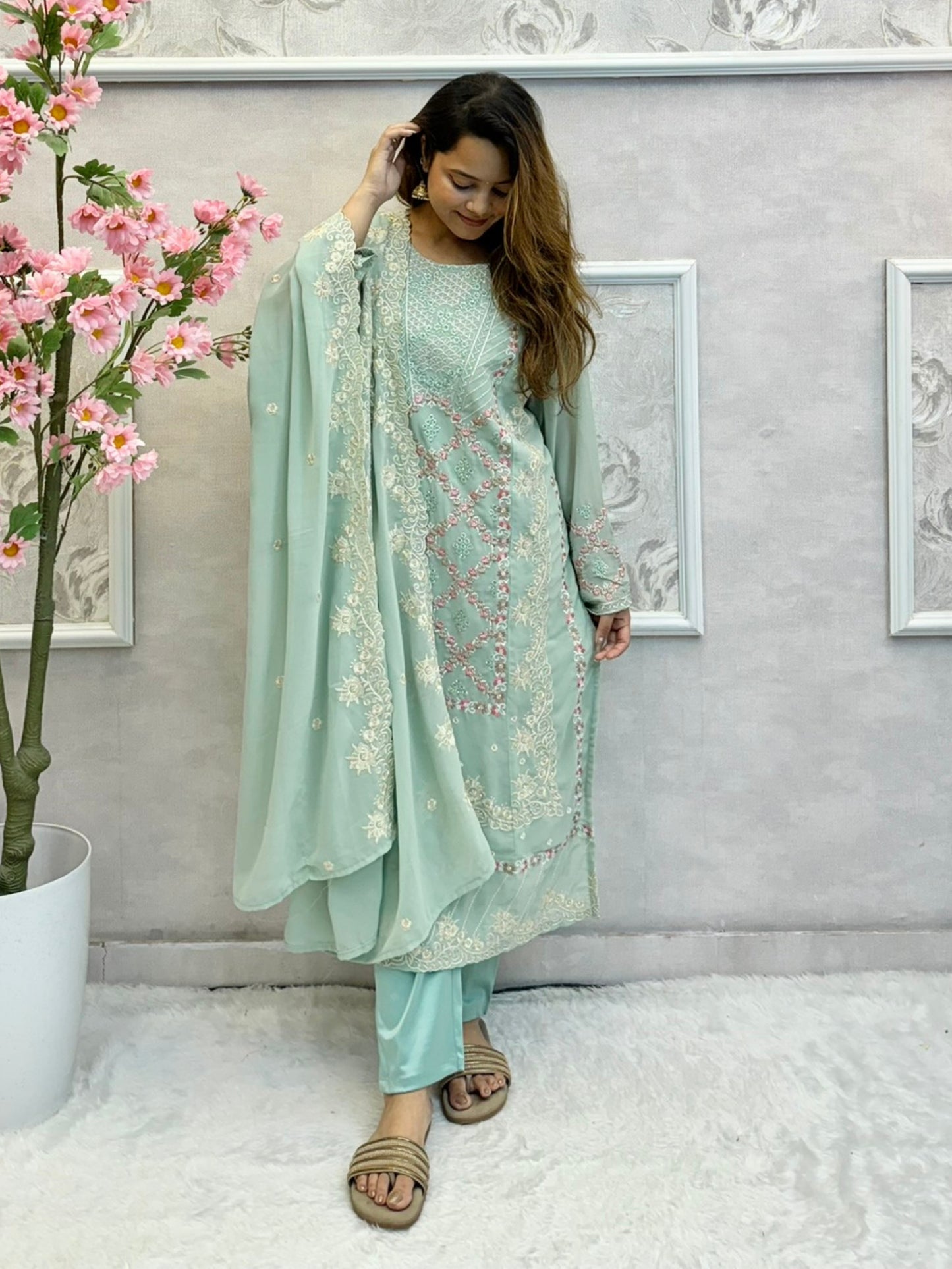 Mint green georgette embroidered kurta set with satin pant and matching dupatta – festive designer wear