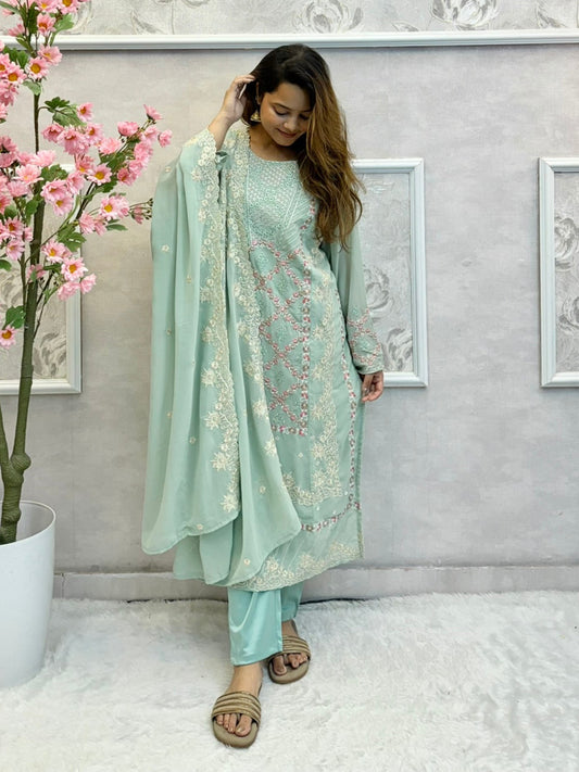 Mint green georgette embroidered kurta set with satin pant and matching dupatta – festive designer wear