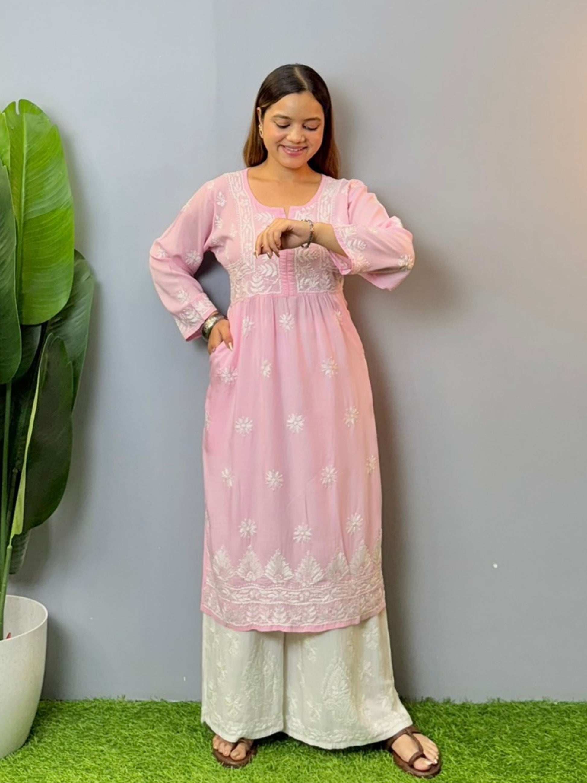 Baby pink modal short chikankari kurta with hand embroidery and both side pockets