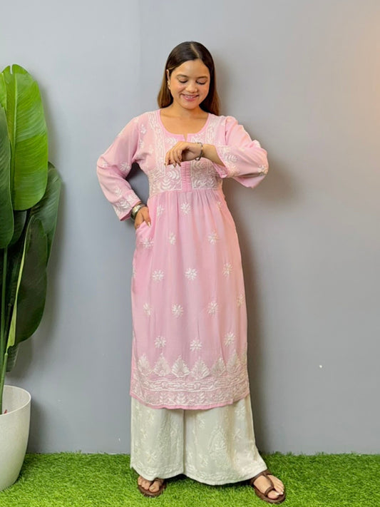 Baby pink modal short chikankari kurta with hand embroidery and both side pockets