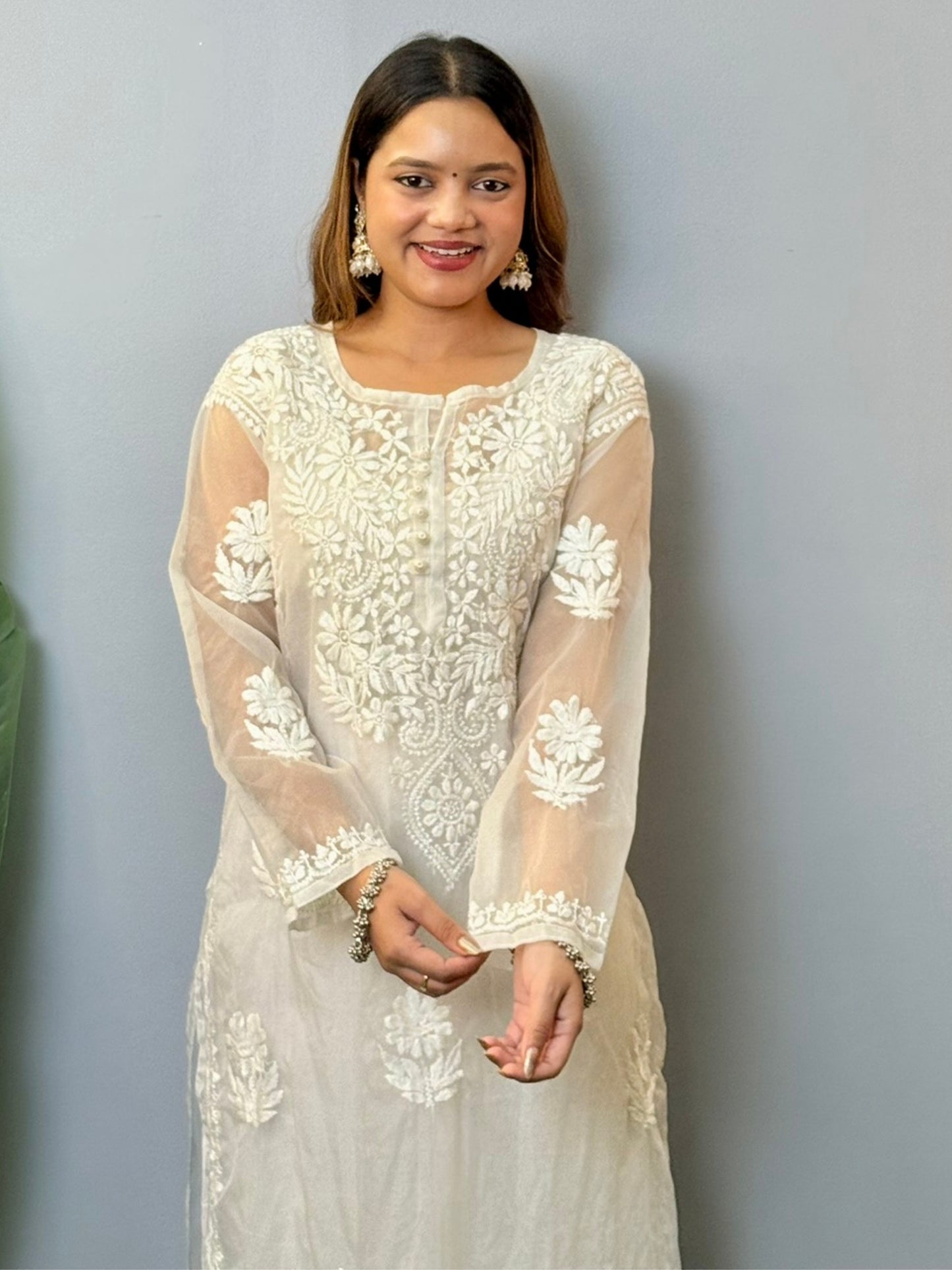 White organza chikankari kurta with premium hand embroidery, dyable