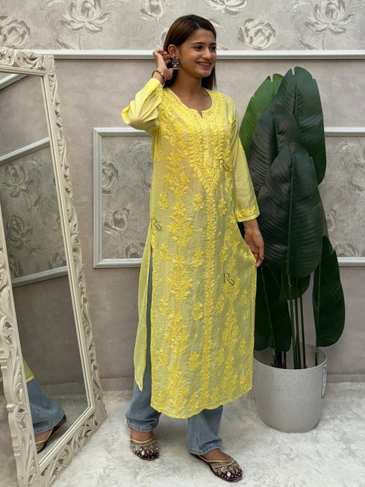 Yellow chanderi chikankari kurta with hand embroidery, soft and premium quality.