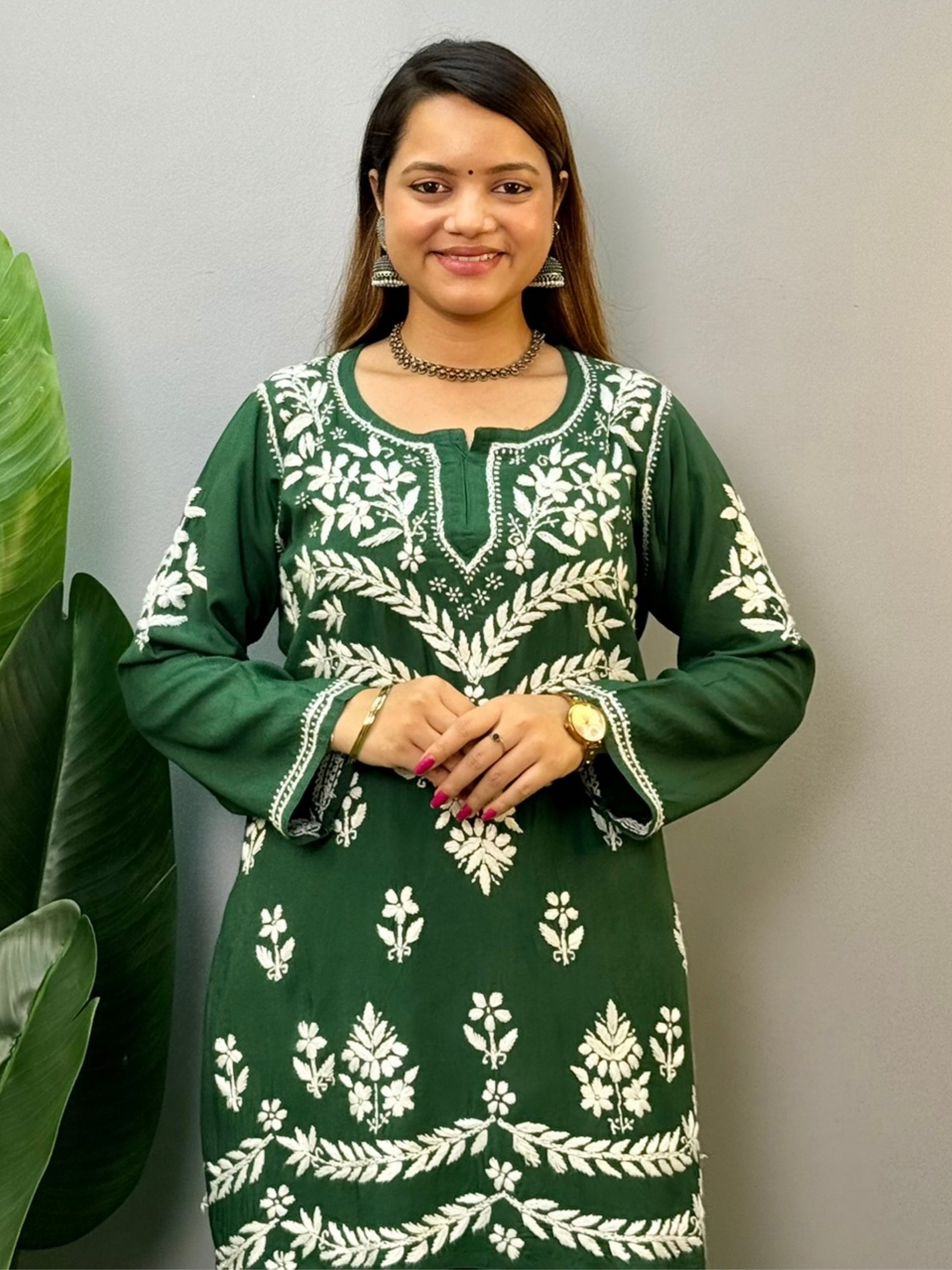Bottle green rayon short chikankari kurta and pant set with white embroidery