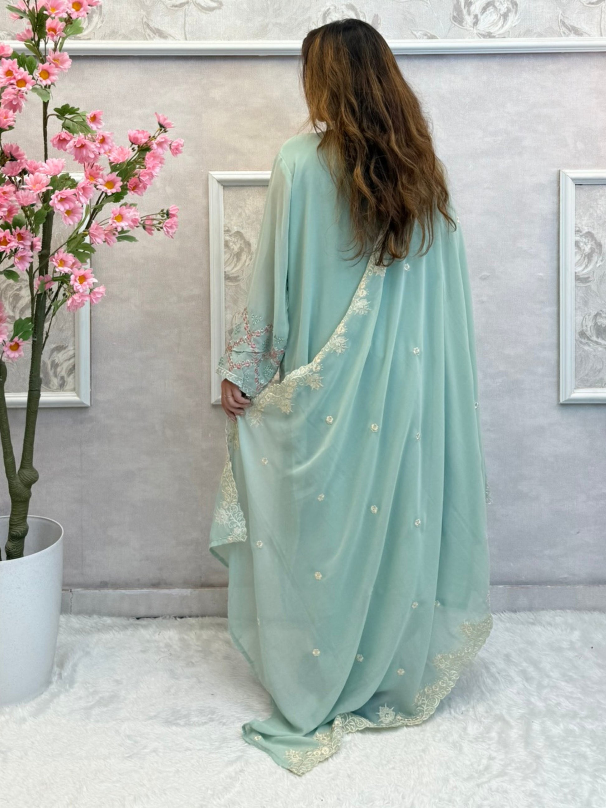 Mint green georgette embroidered kurta set with satin pant and matching dupatta – festive designer wear