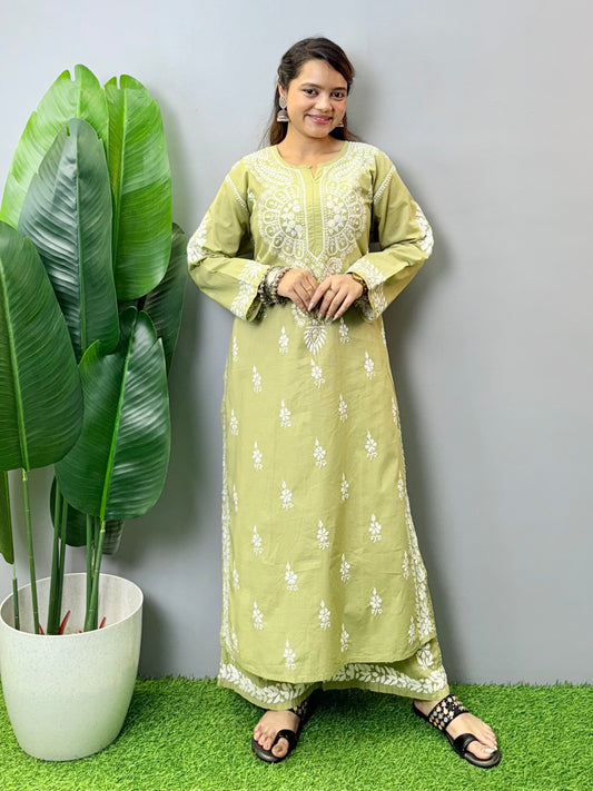 Olive green cotton Lucknow Chikankari kurta with palazzo set featuring hand embroidery – R S Chikankari