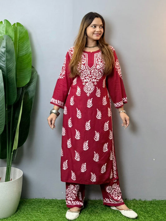Maroon rayon Chikankari kurta pant set with hand embroidery – summer-ready ethnic outfit