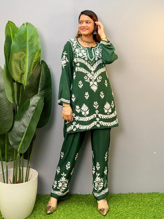 Bottle green rayon short chikankari kurta and pant set with white embroidery