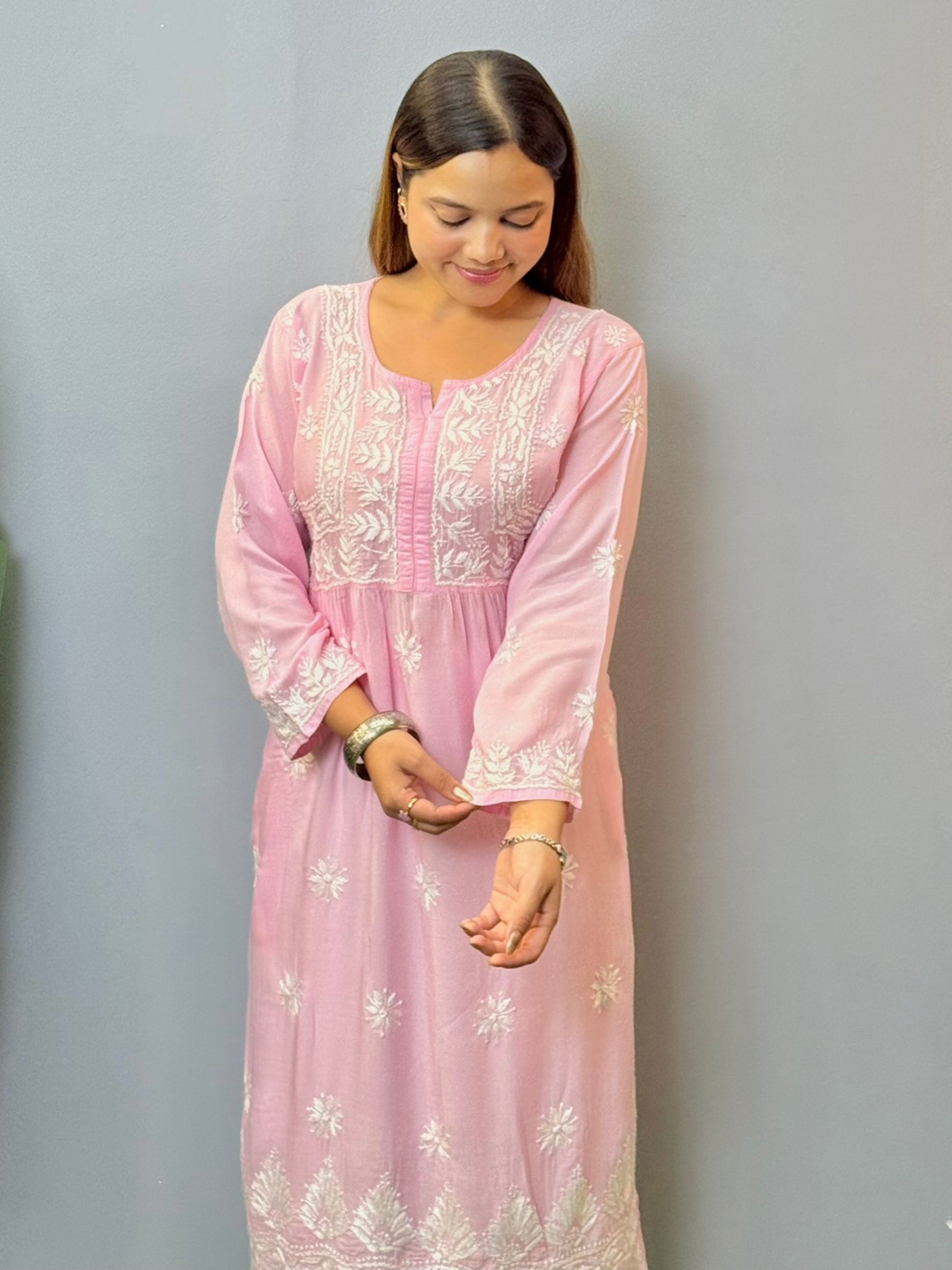 Baby pink modal short chikankari kurta with hand embroidery and both side pockets