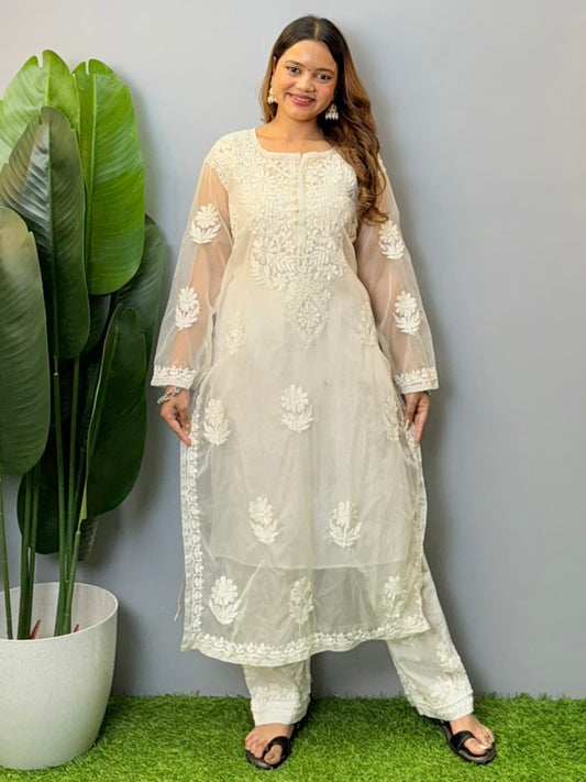 White organza chikankari kurta with premium hand embroidery, dyable