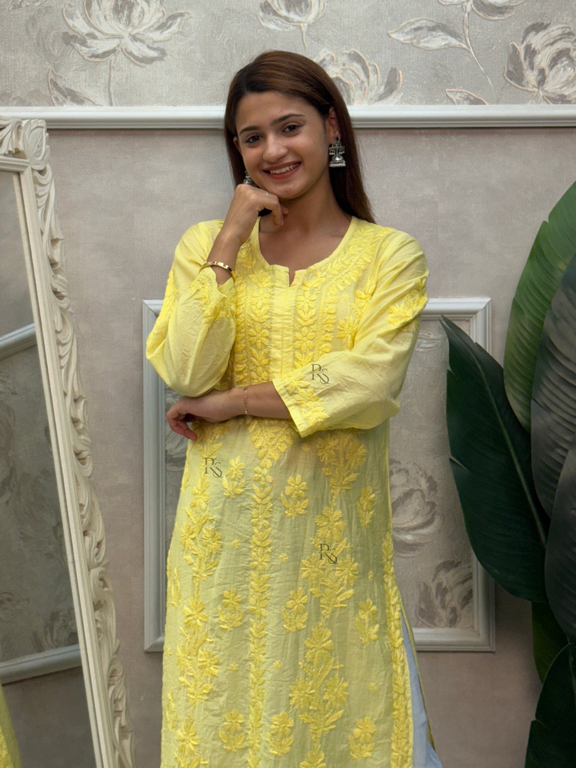 Yellow chanderi chikankari kurta with hand embroidery, soft and premium quality.