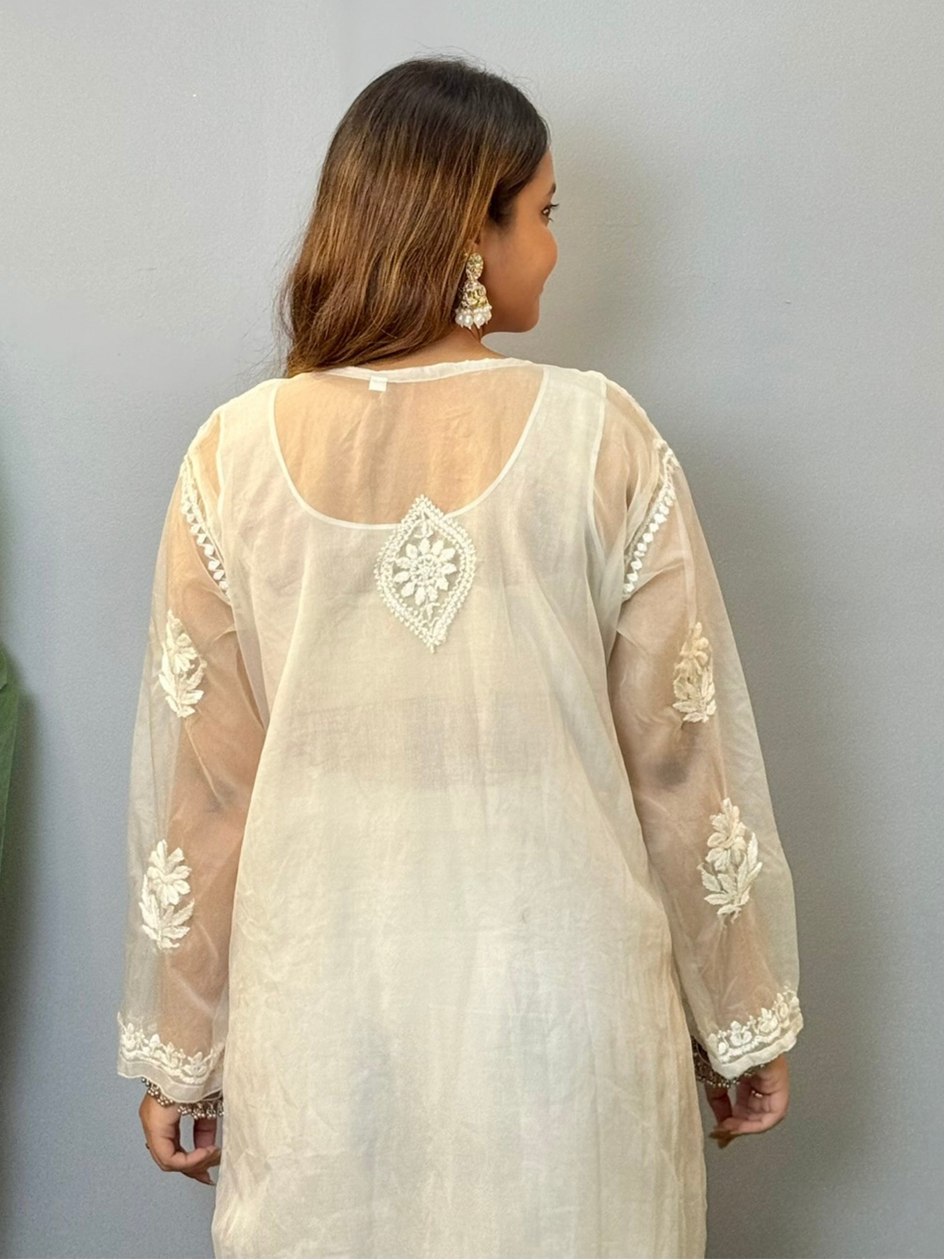 White organza chikankari kurta with premium hand embroidery, dyable