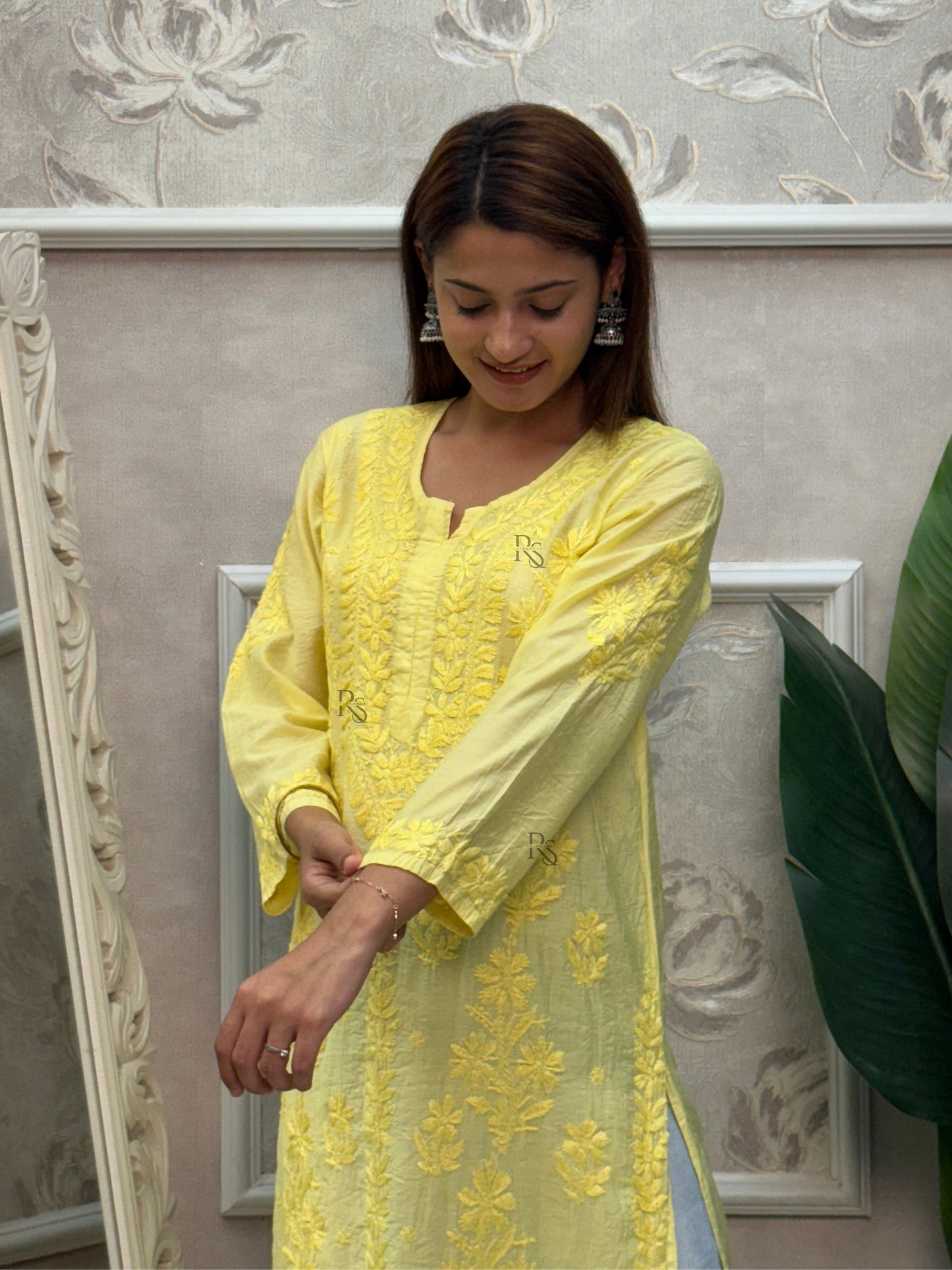 Yellow chanderi chikankari kurta with hand embroidery, soft and premium quality.