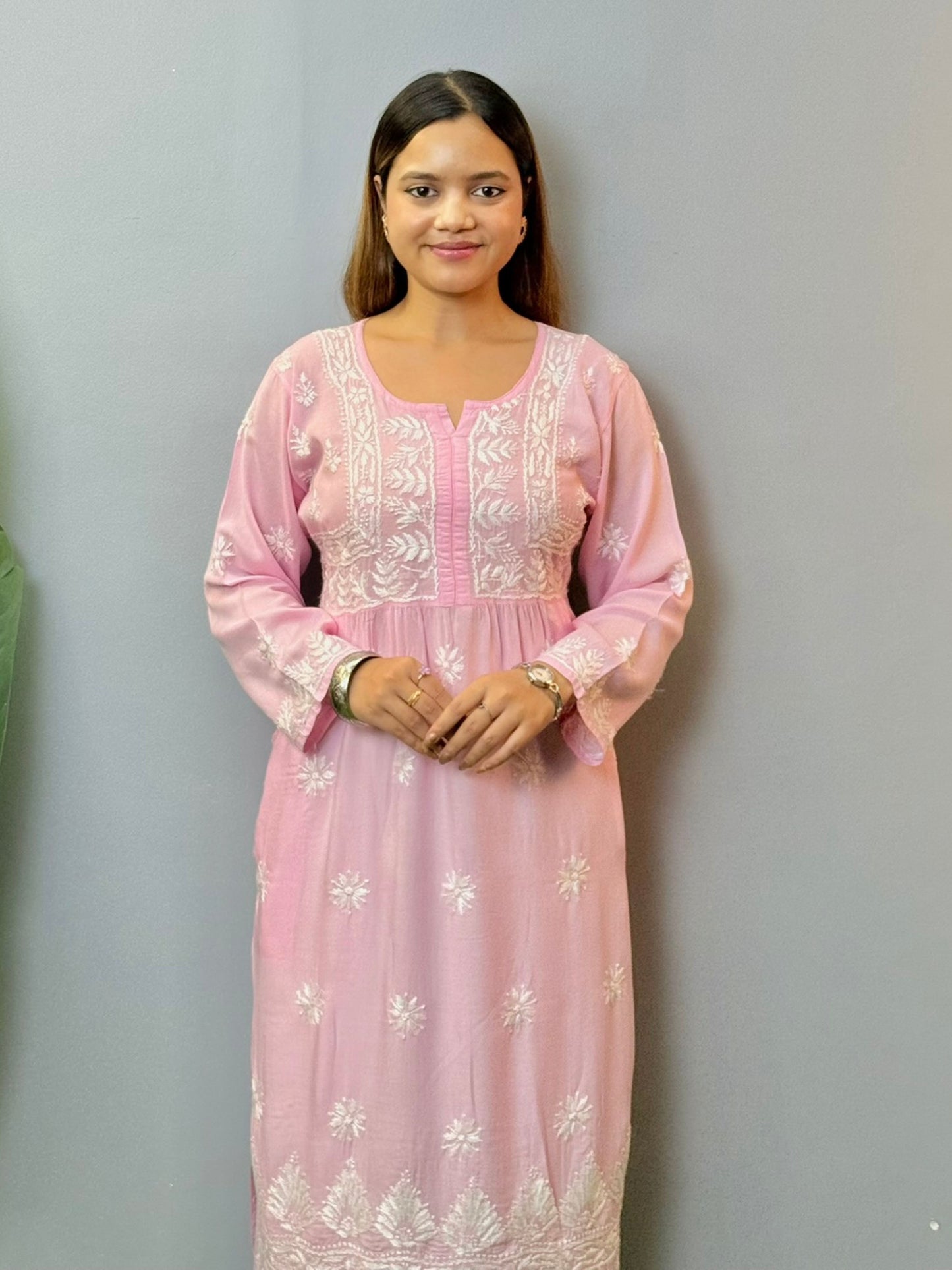 Baby pink modal short chikankari kurta with hand embroidery and both side pockets