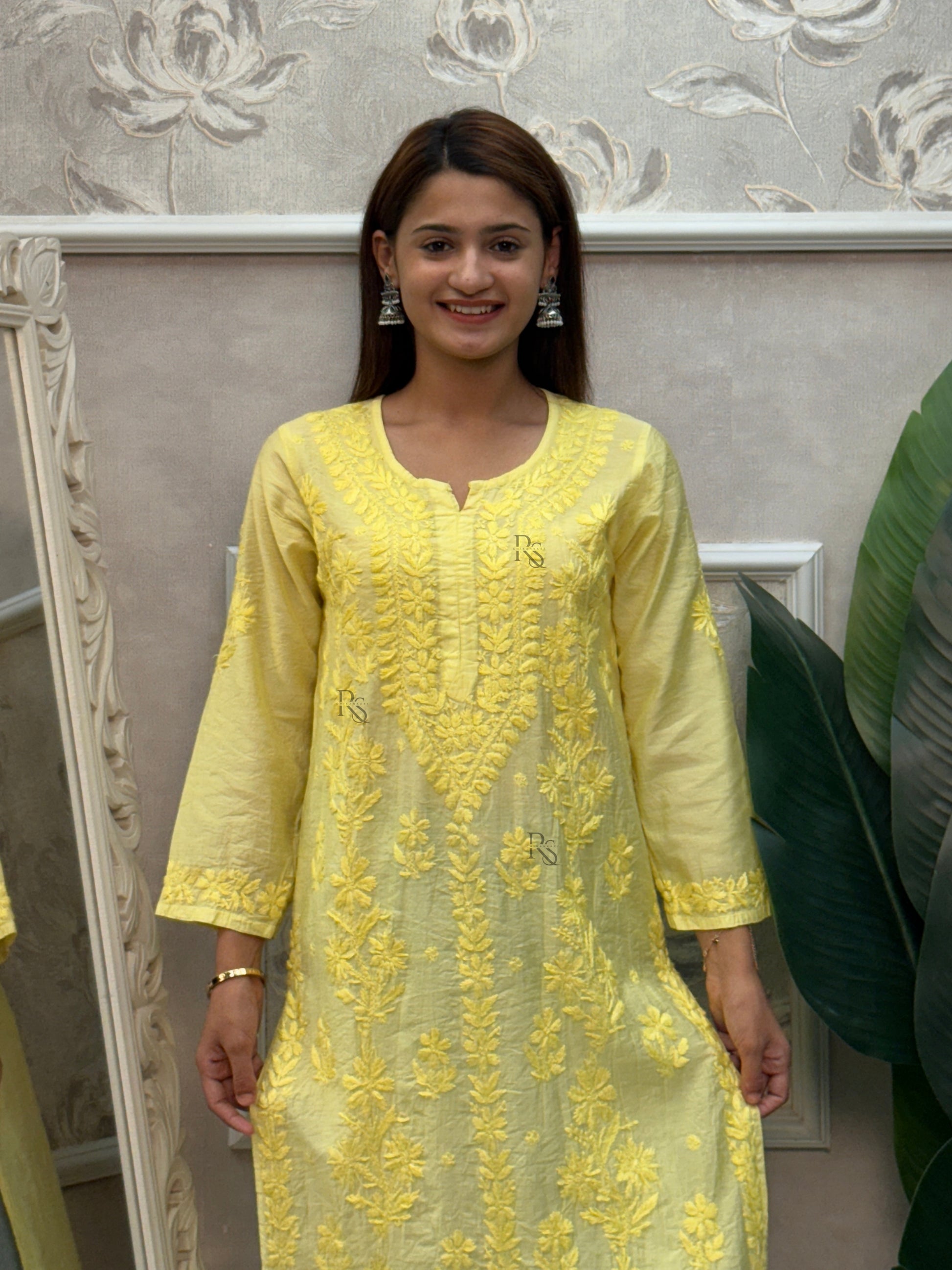 Yellow chanderi chikankari kurta with hand embroidery, soft and premium quality.