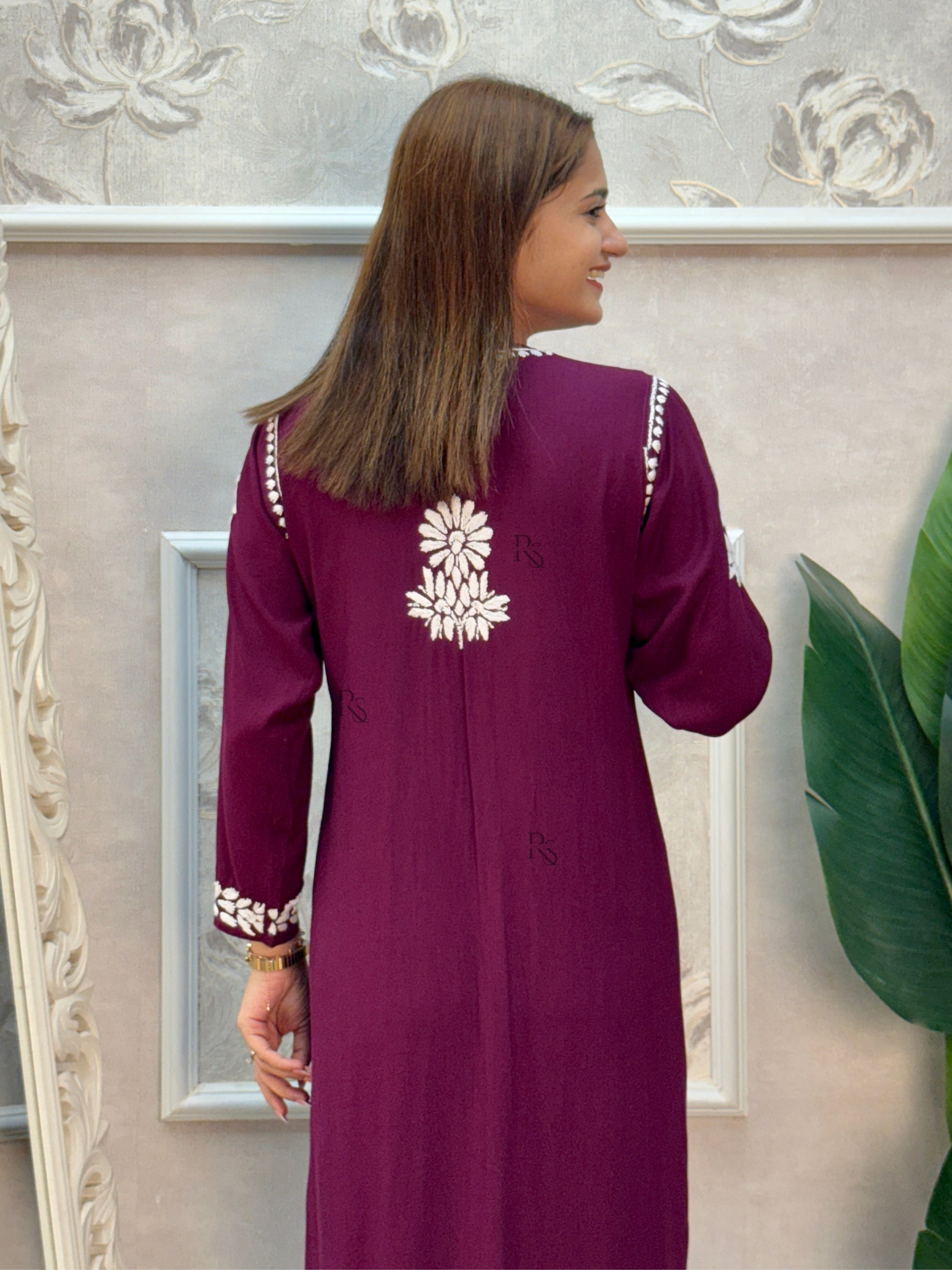 Lucknow chikankari wine rayon kurta and palazzo set with white hand embroidery