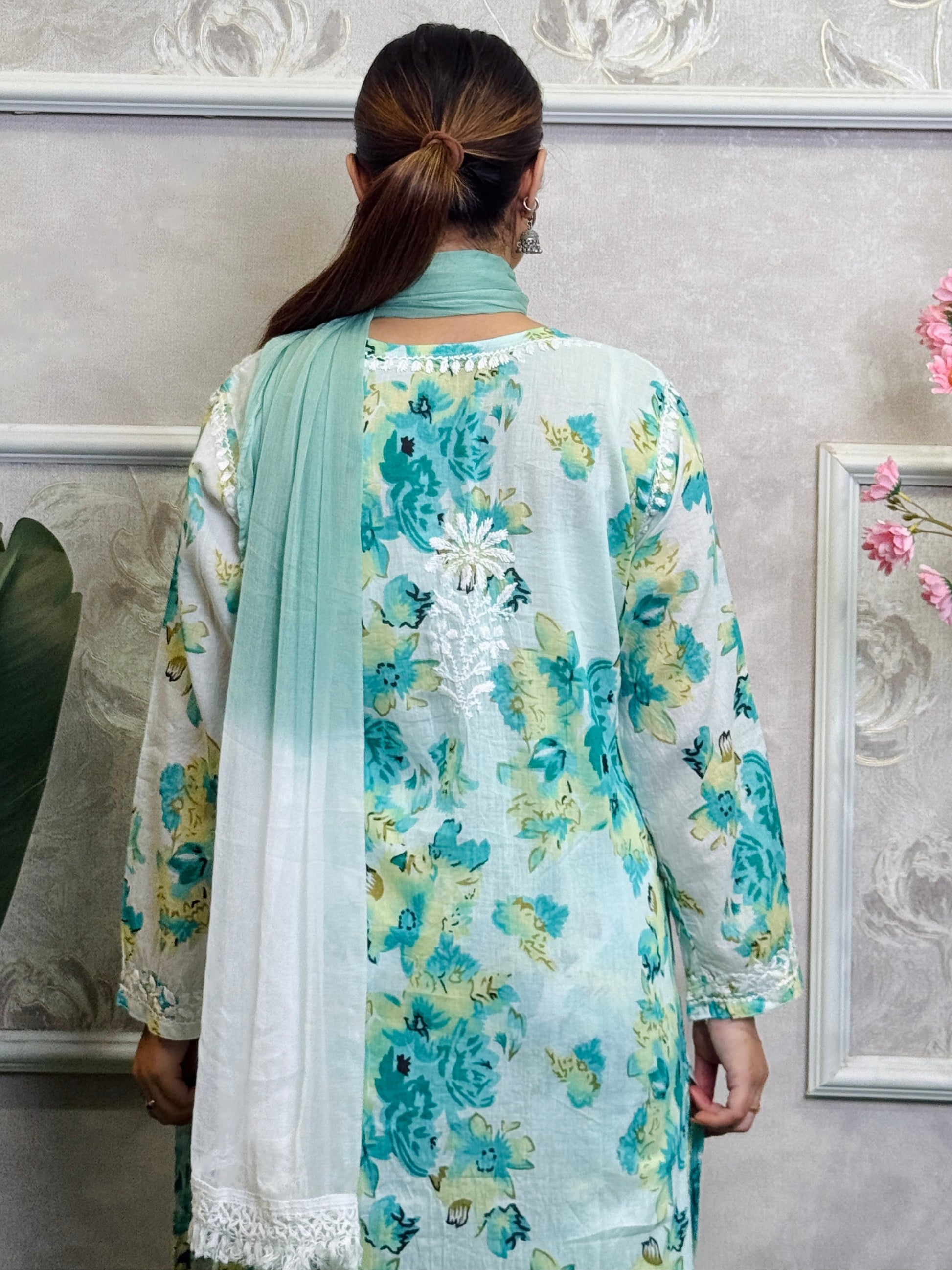 Lucknow Chikankari green floral printed mulmul kurta palazzo set with chiffon dupatta, hand embroidered and lightweight.
