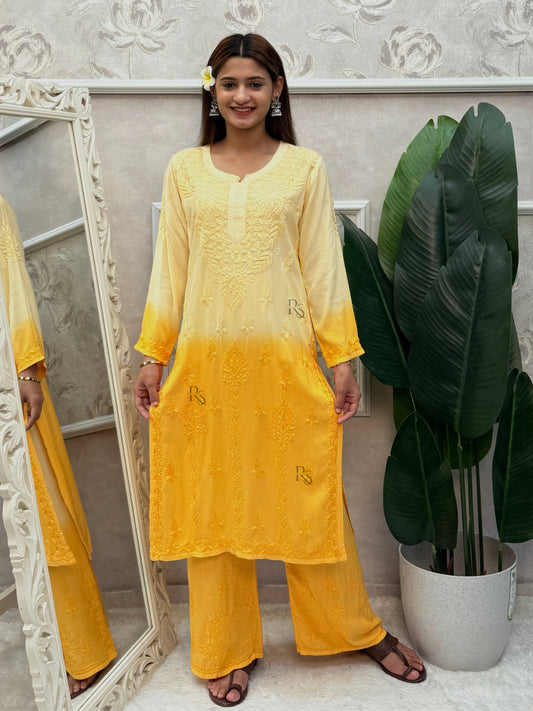 Yellow ombre Lucknow Chikankari kurta and palazzo set in rayon fabric with hand embroidery