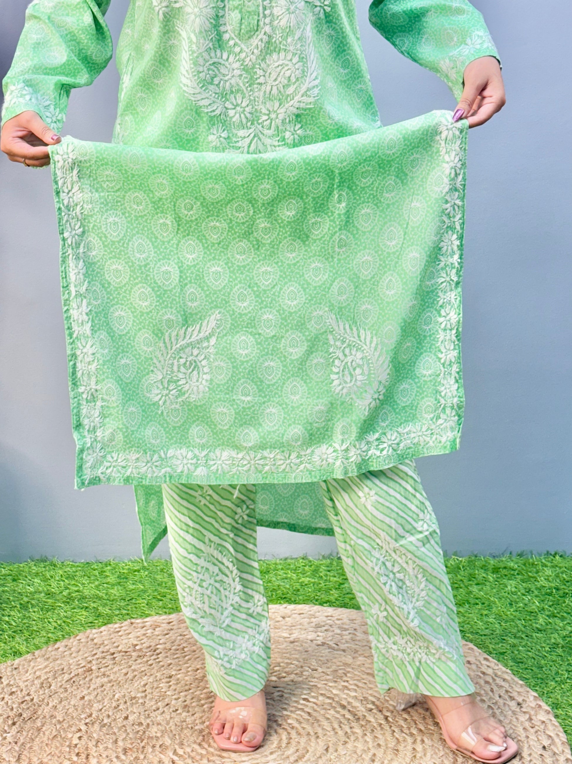 Mint green printed mulmul Lucknow Chikankari kurta and pant set