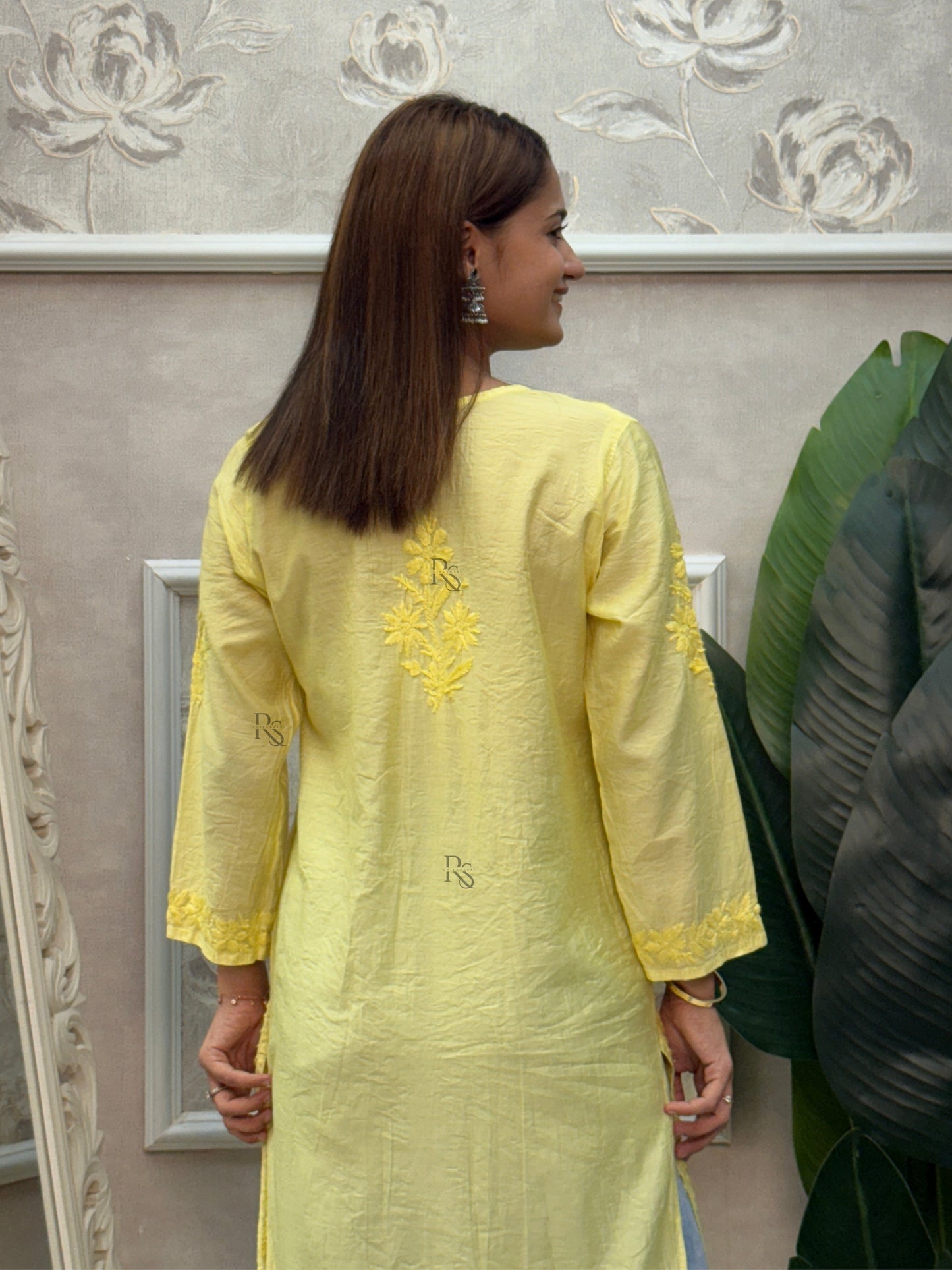 Yellow chanderi chikankari kurta with hand embroidery, soft and premium quality.