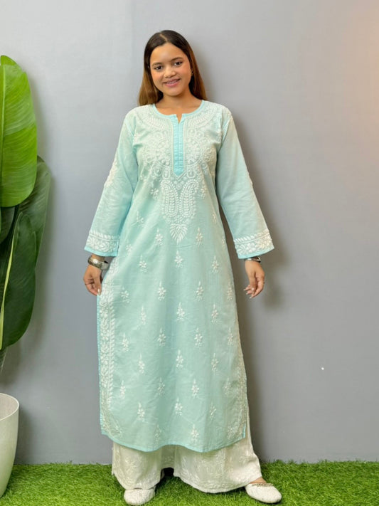 Powder blue cotton Lucknowi Chikankari kurta with delicate white hand embroidery, soft and premium quality