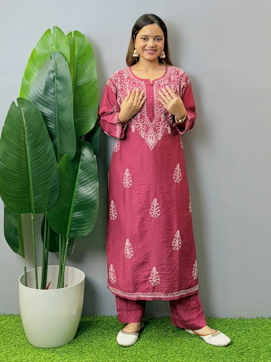 Lucknow Chikankari wine color Chanderi kurta and pant set with hand embroidery bakhiya work