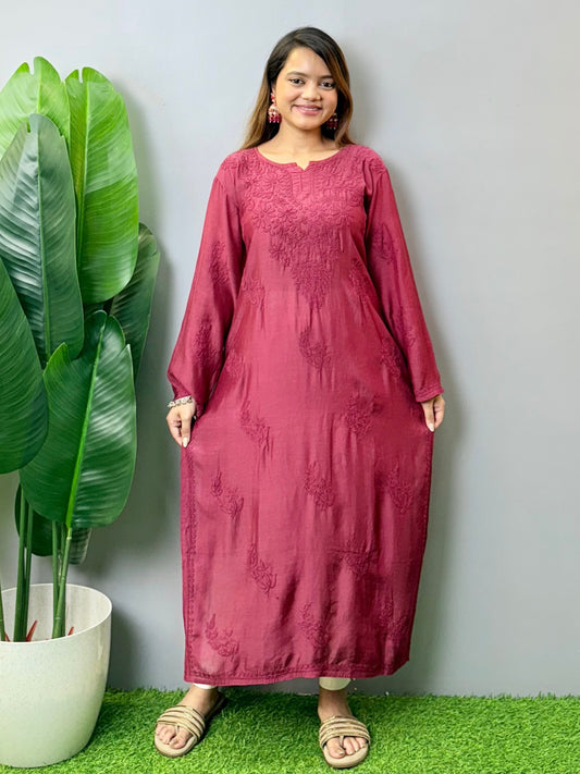 Maroon muslin Lucknow Chikankari kurta with hand embroidery, soft and comfortable wear