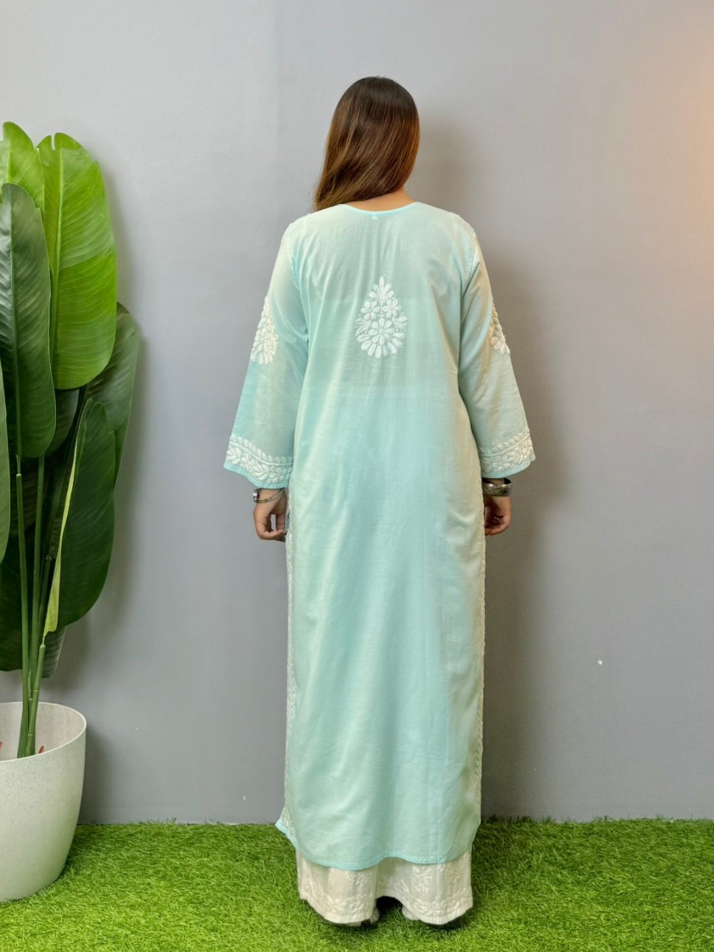 Powder blue cotton Lucknowi Chikankari kurta with delicate white hand embroidery, soft and premium quality