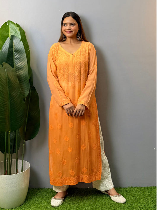 Orange viscose Lucknow Chikankari kurta with intricate hand embroidery, elegant and comfortable ethnic wear.