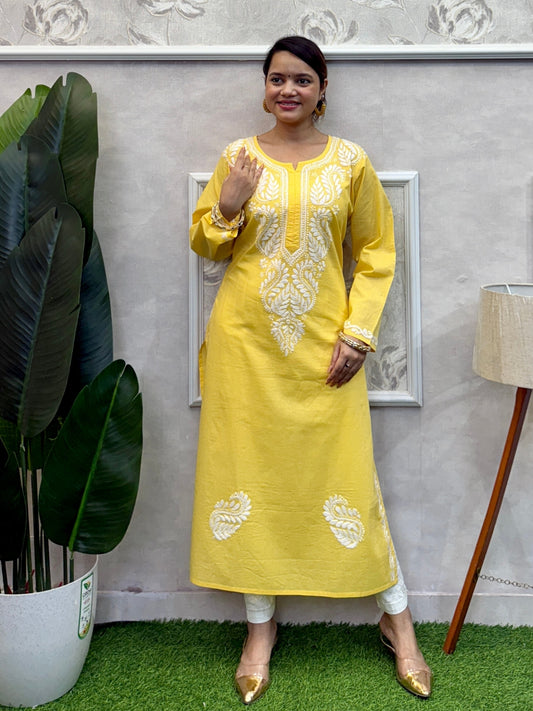 Yellow cotton Lucknow Chikankari kurta with white hand embroidery