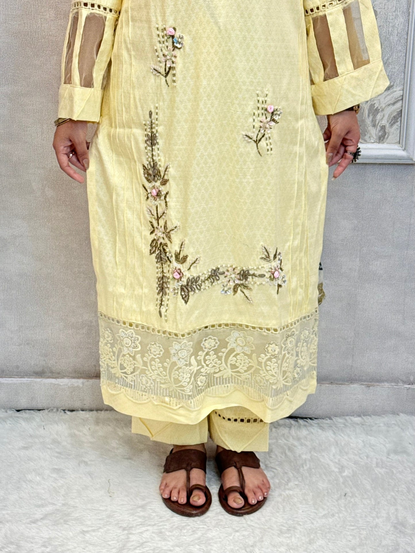 Butter yellow rayon kurta set with hand embroidery and printed floral dupatta