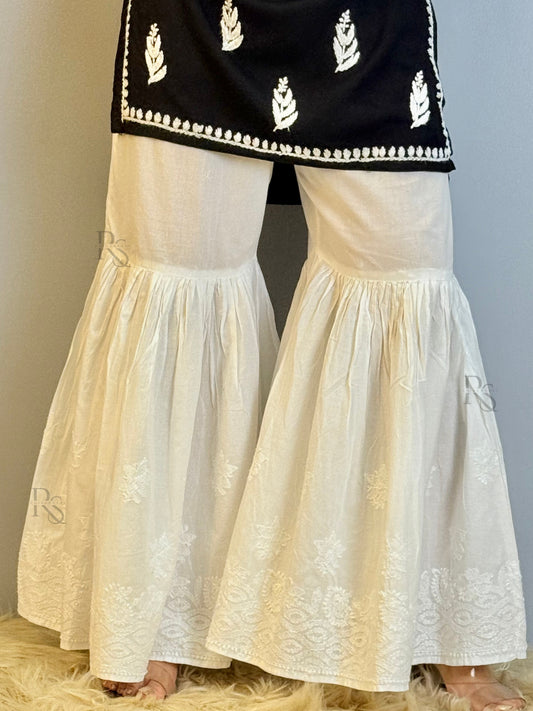 White cotton chikankari palazzo with hand embroidery – dyable bottom wear