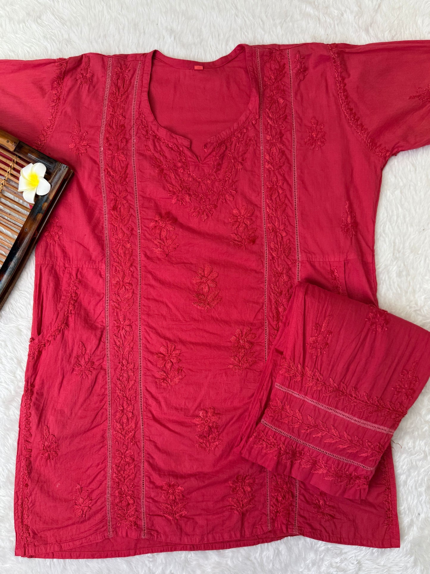 Red cotton pocket style chikankari short kurta with pant and hand embroidery