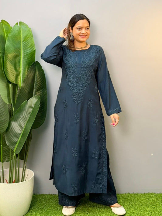 Navy blue Roman silk chikankari kurta and palazzo set with premium hand embroidery