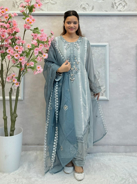 Model wearing dusty blue chikankari designer suit with organza dupatta