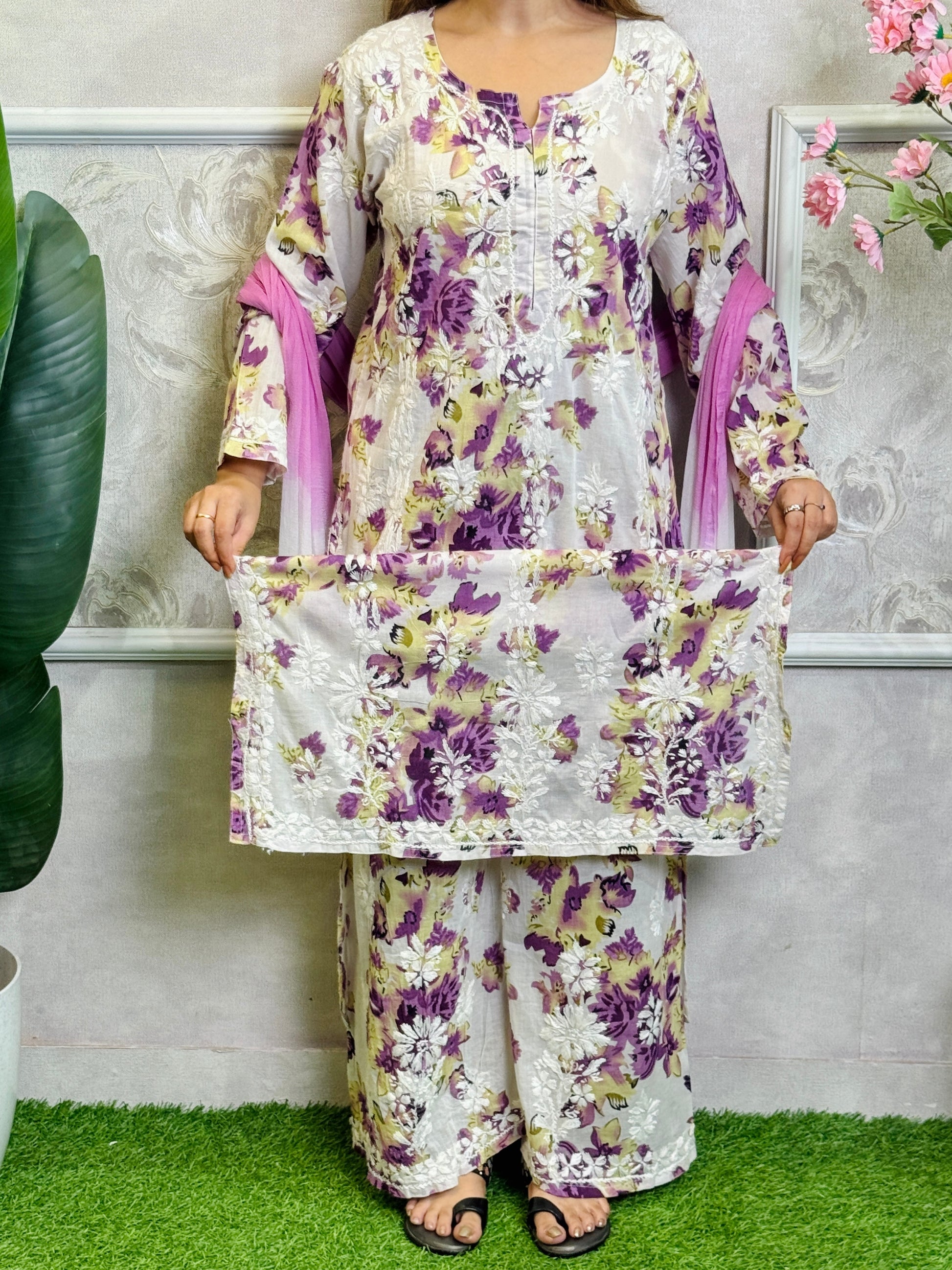 Lucknow Chikankari purple floral printed mulmul kurta palazzo set with chiffon dupatta and hand embroidery.