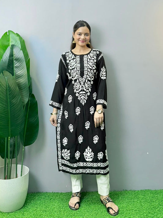 Black modal Chikankari kurta with white hand embroidery – soft, elegant ethnic wear for women