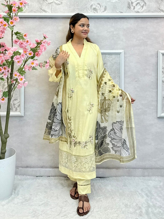 Butter yellow rayon kurta set with hand embroidery and printed floral dupatta
