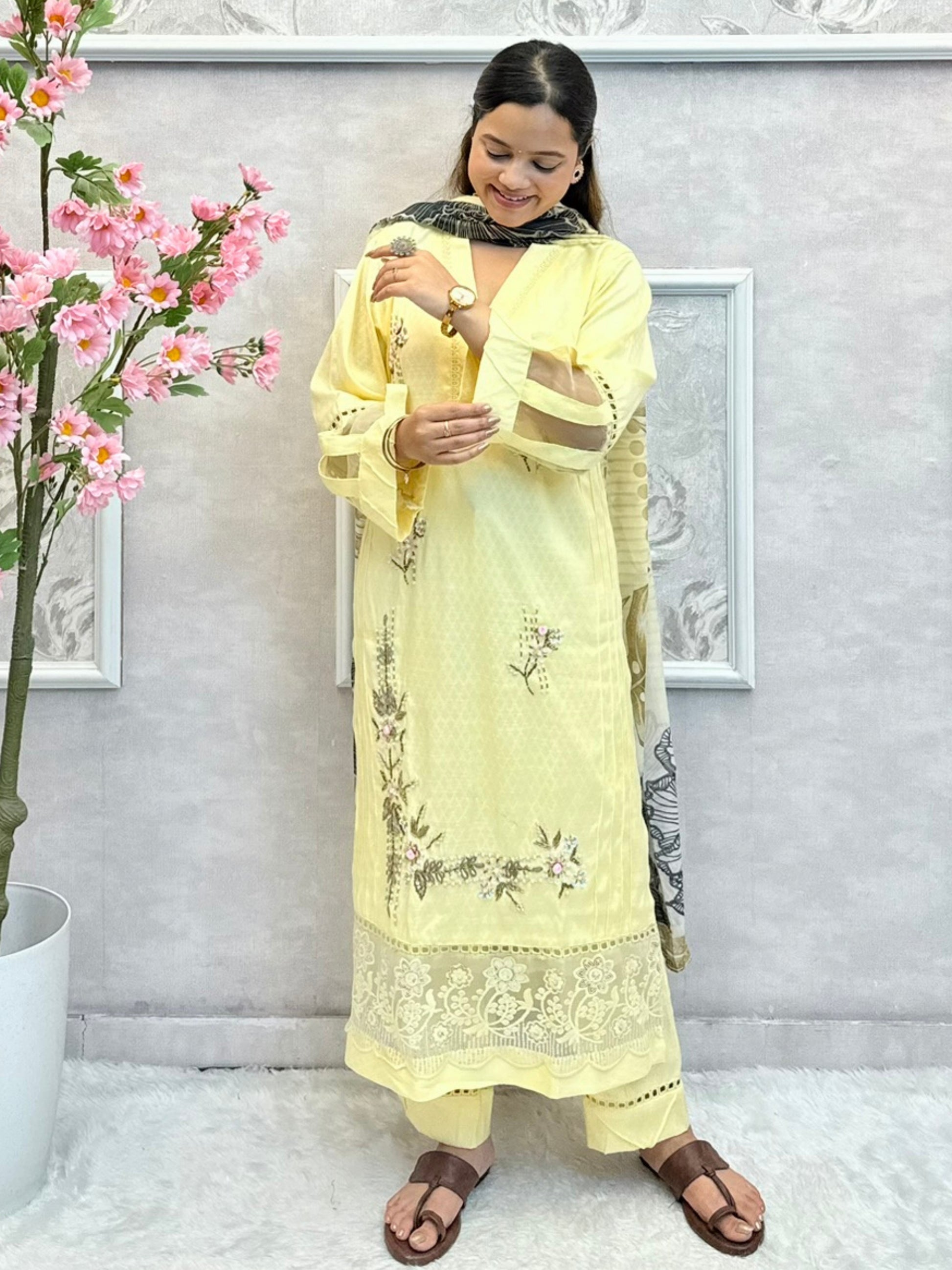 Butter yellow rayon kurta set with hand embroidery and printed floral dupatta