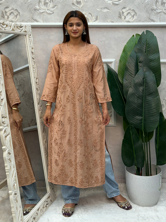 Brown Chanderi Lucknow Chikankari kurta with intricate hand embroidery.