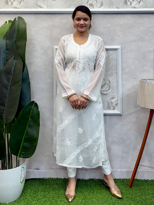 White georgette Lucknow chikankari kurta with delicate hand embroidery, soft and elegant design.