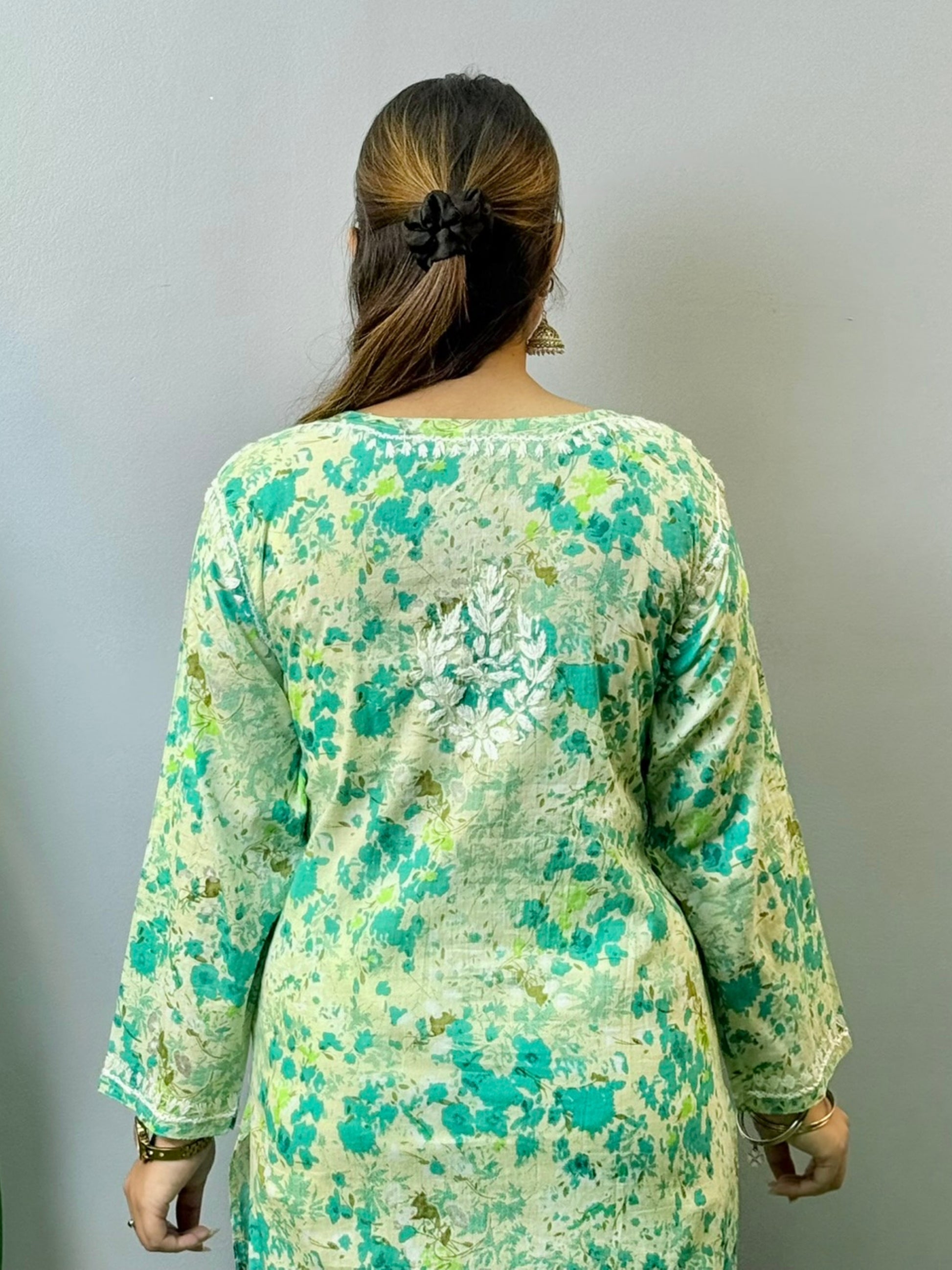 Mint green floral mulmul Chikankari kurta with white hand embroidery – soft and breathable ethnic wear for women