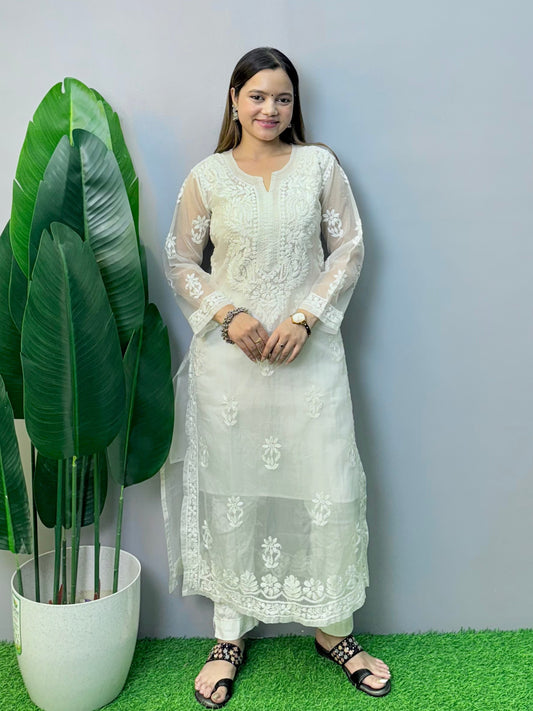 White Lucknow Chikankari organza kurta with hand embroidery
