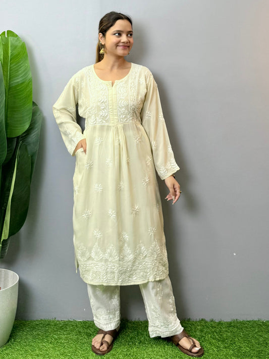 Ivory white modal chikankari kurta with hand embroidery and side pockets