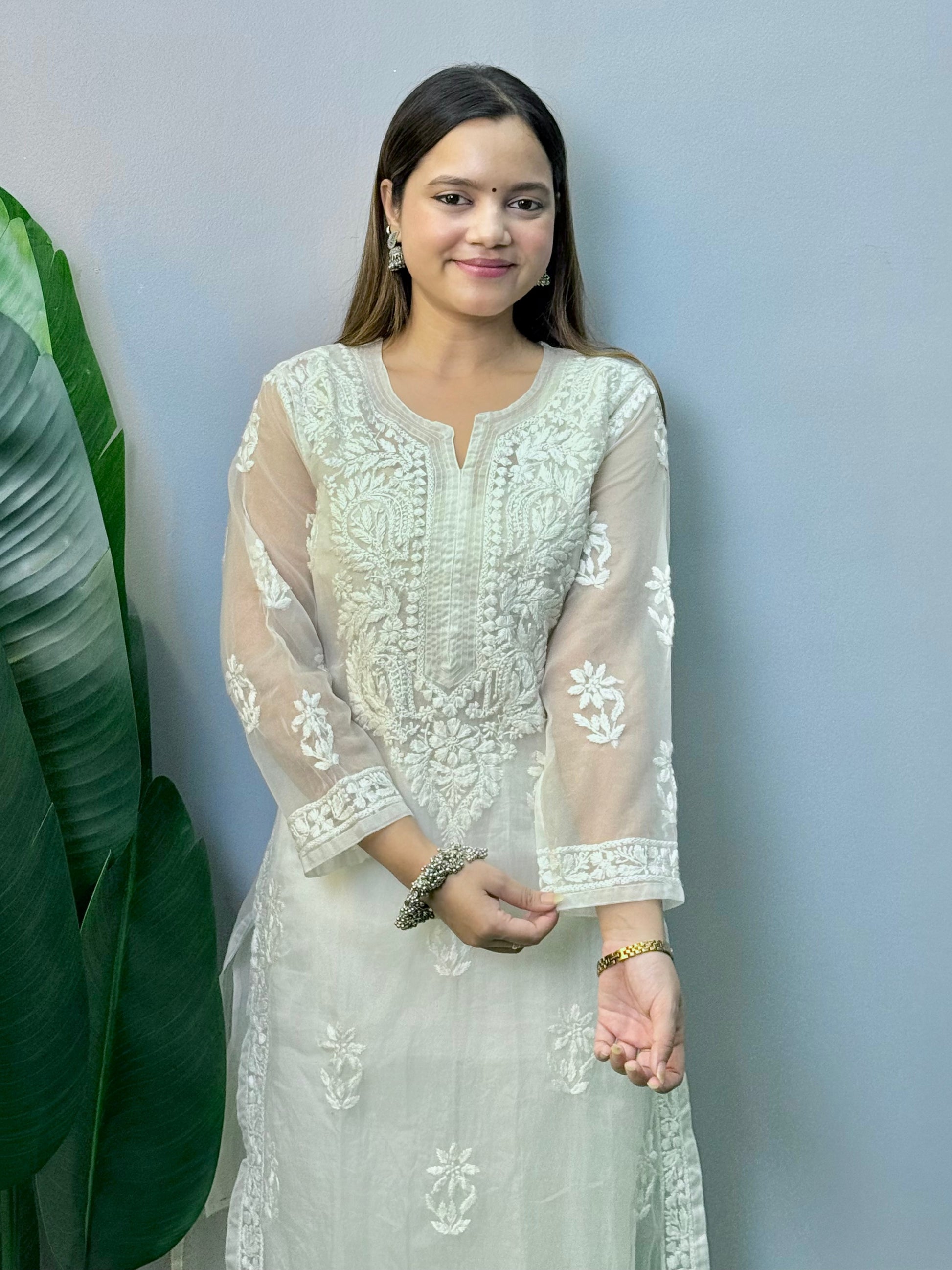 White Lucknow Chikankari organza kurta with hand embroidery