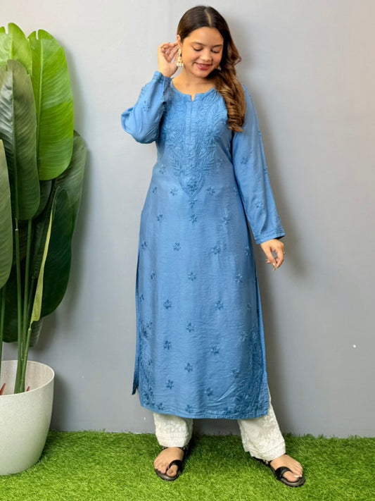 Dusty blue chanderi chikankari kurta with tone-on-tone hand embroidery