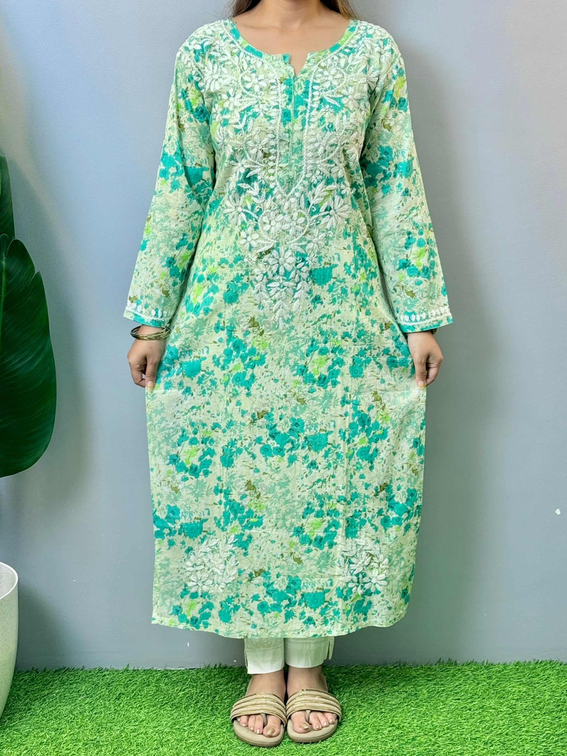 Mint green floral mulmul Chikankari kurta with white hand embroidery – soft and breathable ethnic wear for women