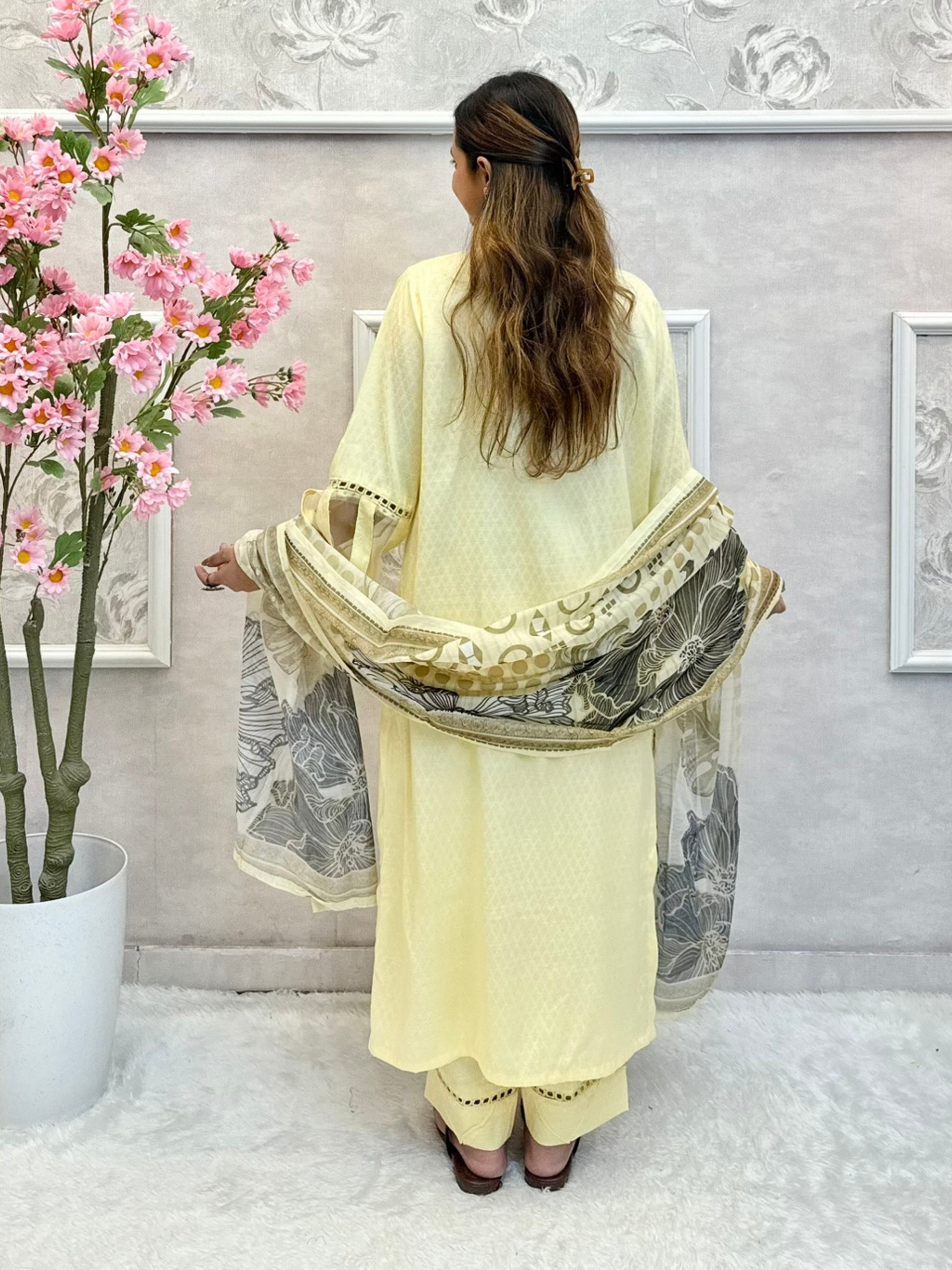 Butter yellow rayon kurta set with hand embroidery and printed floral dupatta